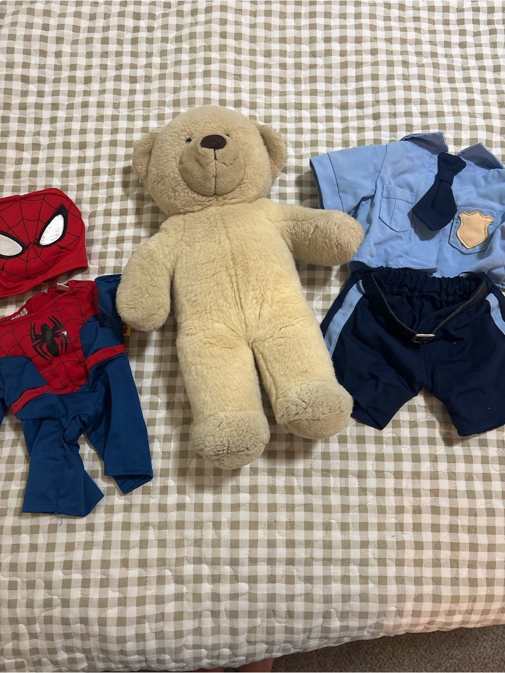 Build A Bear Stuffed with Hugs Tag Brown Teddy Bear W/ Spider-Man And Police Fit
